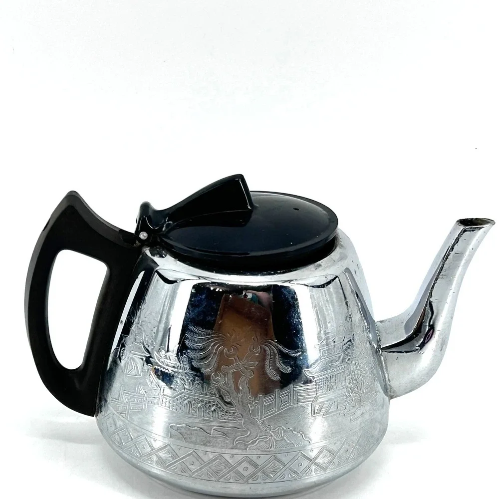 Vintage Swan Brand Willow Ware Chrome Teapot 6 Cup Engraved Pagoda Made England